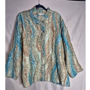 Erin London Womens 2X Blue Tan Crinkle Button Up Jacket
